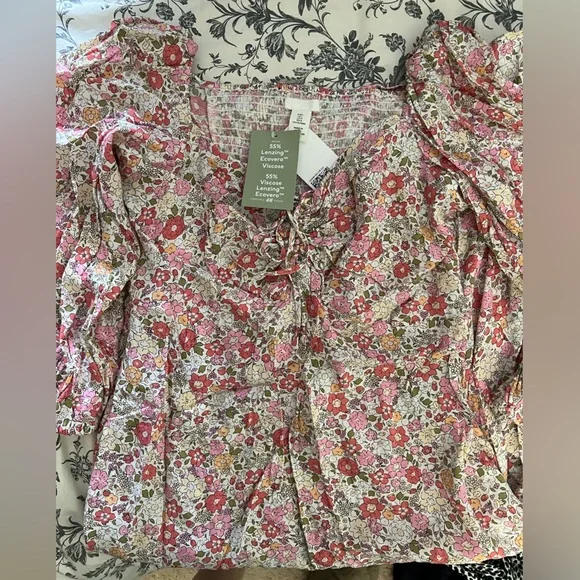 NWT H&M Floral Midi Pink Dress Sweetheart Neckline and Puff Sleeve Size L - Picture 8 of 8